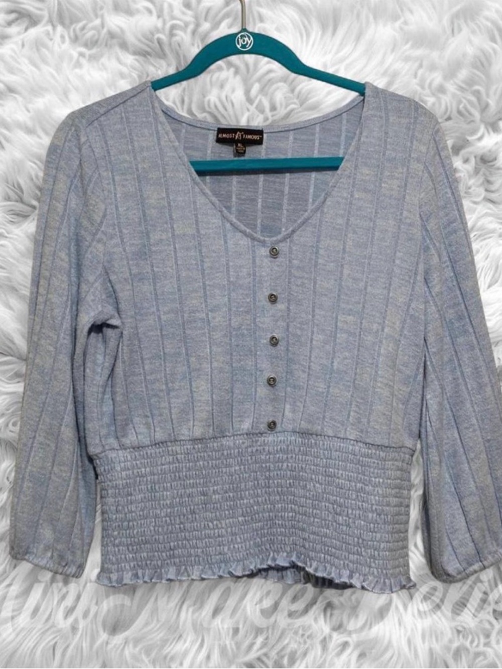 Almost Famous Pale Blue Ribbed Button-Front Smocked Hem Long Sleeve Top Size XL